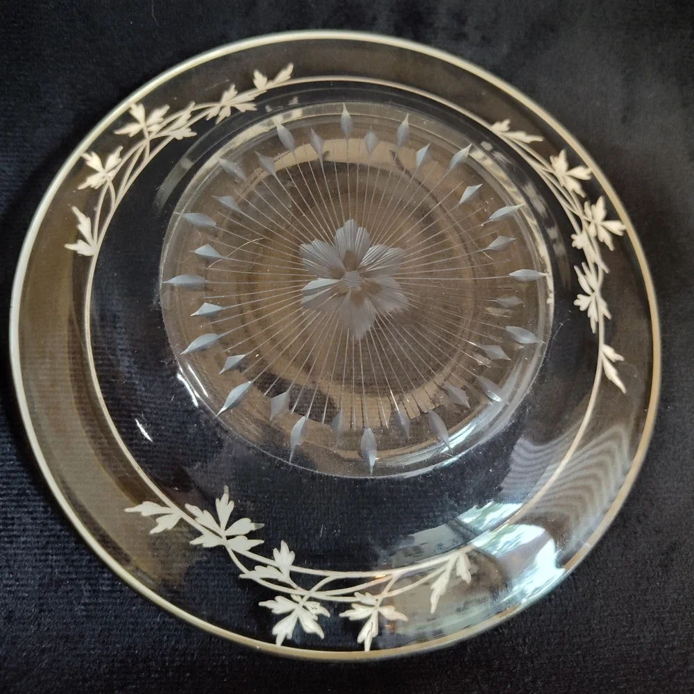 Antique Etched Crystal Plate With Sterling Silver Inlay